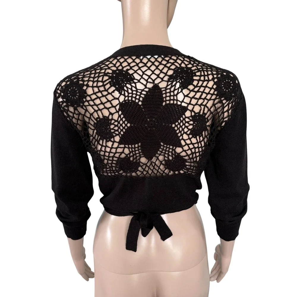 Y2K Black Wrap Cardigan Crochet Lace Floral Back Cropped Sweater Fairy Grunge